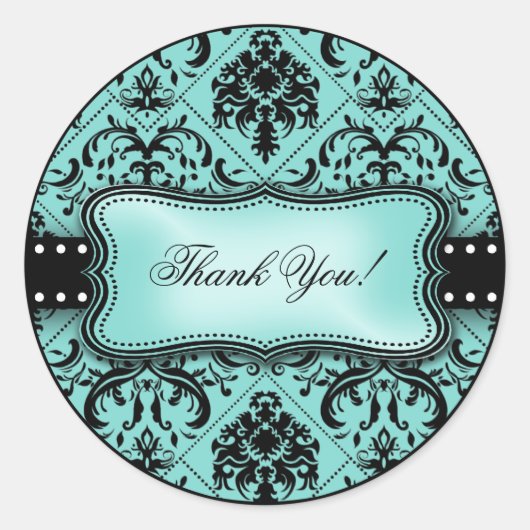 Mooie Aqua Blue en Black Damask Hartelijk dank Ronde Sticker (Voorkant)