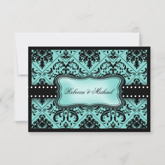 Mooie Aqua Blue- en Black Damask RSVP-kaarten RSVP Kaartje (Voorkant)