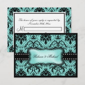 Mooie Aqua Blue- en Black Damask RSVP-kaarten RSVP Kaartje (Voorkant / Achterkant)