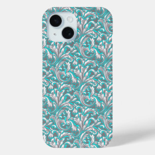 Mooie aqua grijze naadloze bloempatroon iPhone 15 case