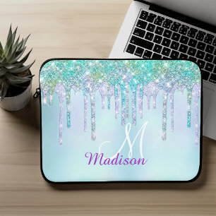 Mooie Aqua Turquoise Eenhoorn Glitter Drips monogr Laptop Sleeve