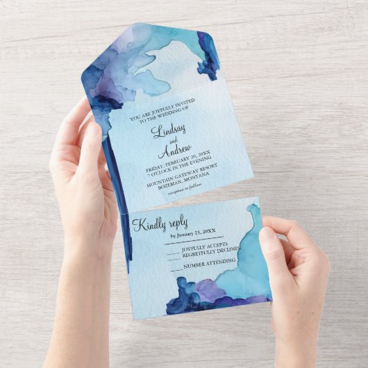 Mooie Aquarel Blauwe Alles-in-één Uitnodiging  (Afscheurbaar)