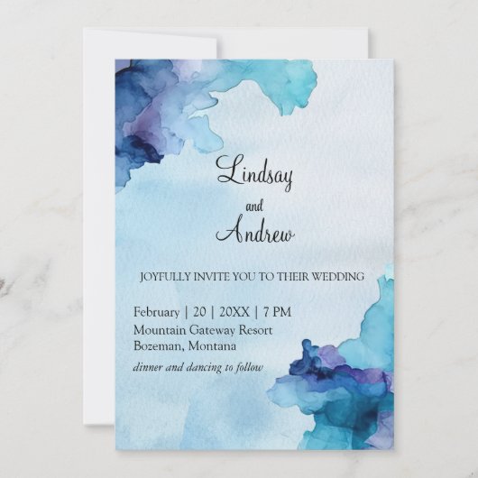 Mooie Aquarel Blauwe en Cyaan Uitnodigingen (Voorkant)