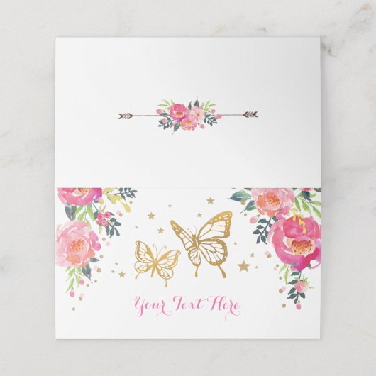 Mooie Aquarel Bloem Roze Gouden Vlinder Plaatskaartje (Buitenkant ongevouwen)