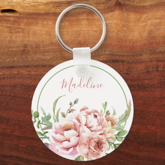 Mooie Aquarel Bloemen Aangepaste Naam Sleutelhanger (Voorkant)