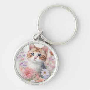 Mooie Aquarel Kitten met Bloemen Sleutelhanger