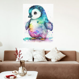 Mooie Aquarel Kleurrijke Baby Pinguïn Muur  Canvas Afdruk