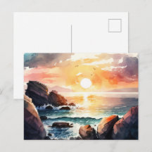 Mooie Aquarel Oceaan Zonsondergang Landschap