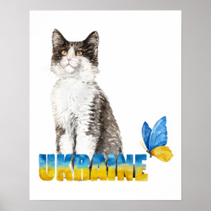 Mooie Aquarel Oekraïne Kat en Vlinder  Poster