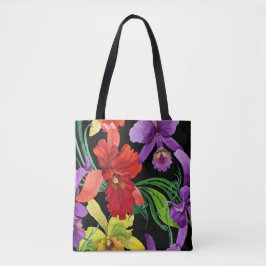 Mooie aquarel orchidee bloemen op zwart tote bag