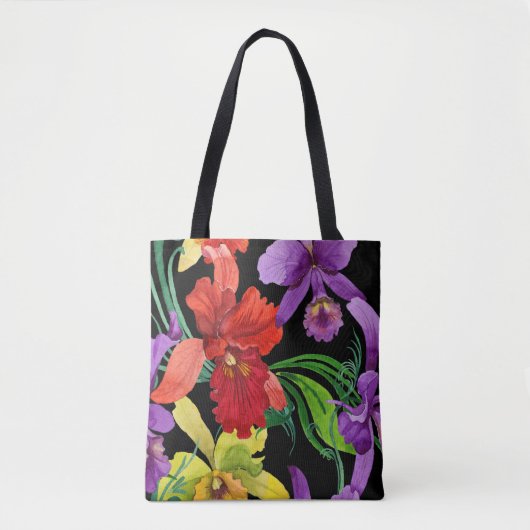Mooie aquarel orchidee bloemen op zwart tote bag (Voorkant)