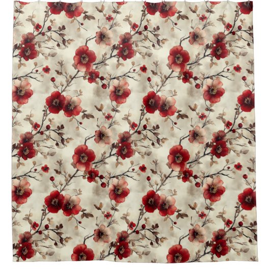 Mooie Aquarel Rood Roze Bloemige Douchegordijn (Voorkant)