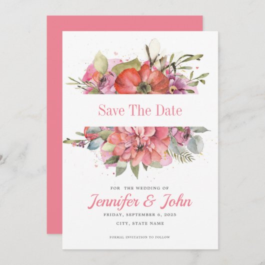 Mooie Aquarel Roze Rode Bloemen Save The Date (Voorkant / Achterkant)
