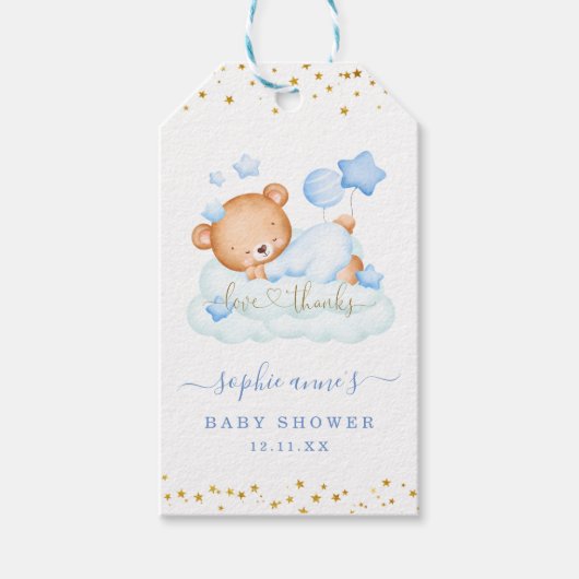 Mooie Aquarel Teddybeer Jongens Baby Shower Cadeaulabel (Voorkant)