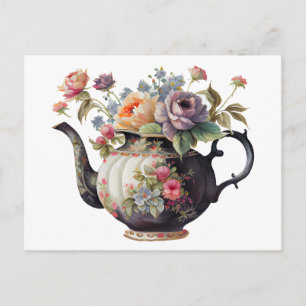 Mooie aquarel theepot, bloemen, theekopjes briefkaart