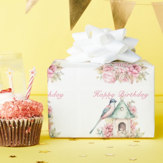 Mooie Aquarel Vogelhuisje Roze Bloemen   Cadeaupapier (Verjaardagsfeest)