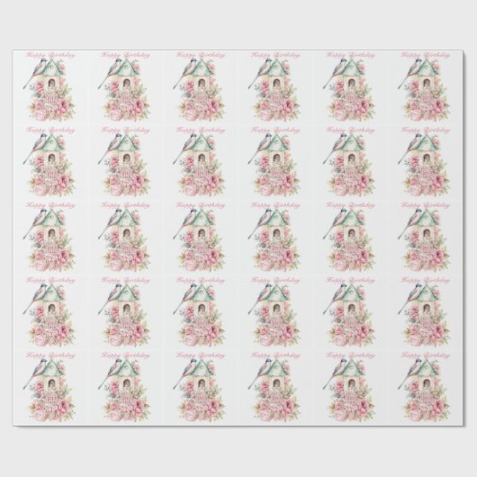 Mooie Aquarel Vogelhuisje Roze Bloemen   Cadeaupapier (Vlak)