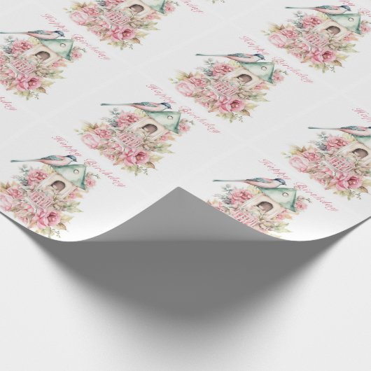 Mooie Aquarel Vogelhuisje Roze Bloemen   Cadeaupapier (Hoek)
