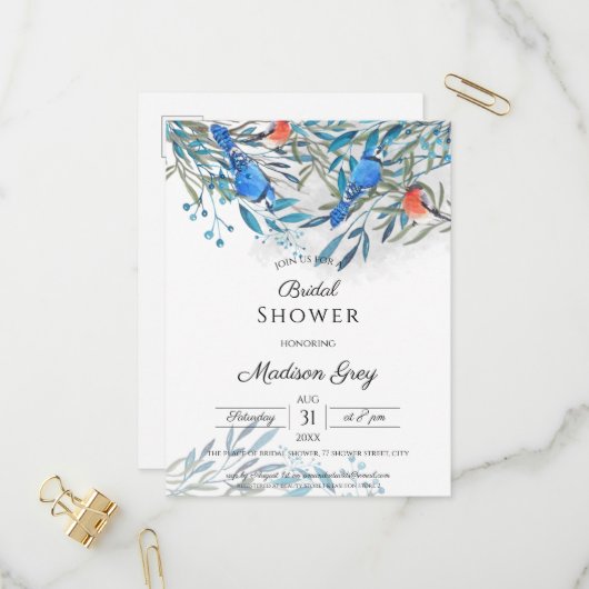 Mooie Aquarel Vogels & Foliage Bruidsshowers Uitnodiging Briefkaart (Voorkant / Achterkant in situ)