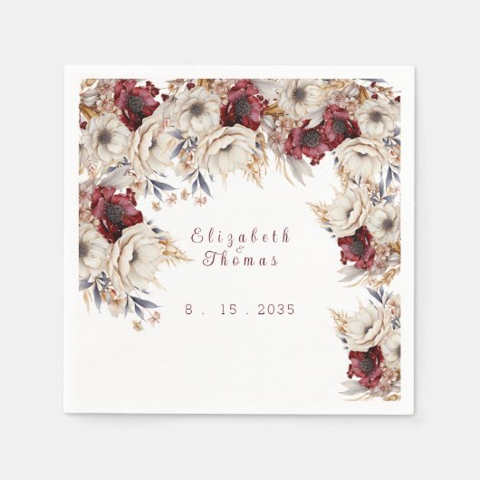 Mooie aquarel witte rozen  bordeauxrode klaprozen servet (Voorkant)