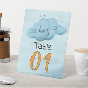 Mooie Aquarel Wolk Jongens Baby Shower Tafelnummer Reclamebord Met Voetstuk