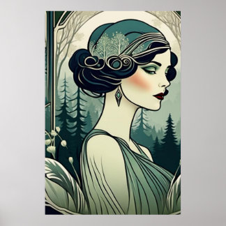 Mooie Art Deco 1920s Flapper Meisje in het groen Poster