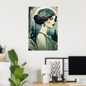Mooie Art Deco 1920s Flapper Meisje in het groen Poster (Thuiskantoor)