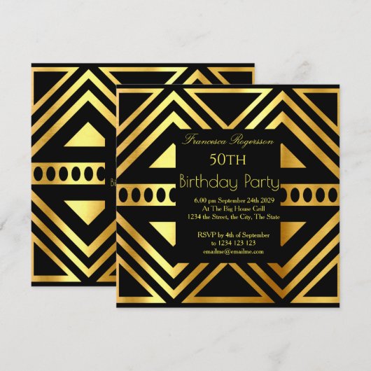Mooie Art Deco 50th Birthday Party Gold Black Kaart (Voorkant / Achterkant)