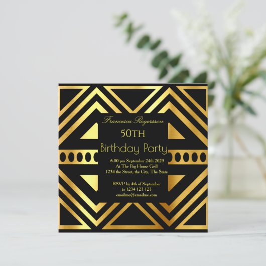 Mooie Art Deco 50th Birthday Party Gold Black Kaart (Staand voorkant)