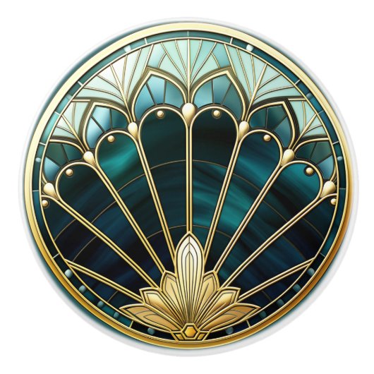 Mooie Art Deco Blauwe Gouden Turquoise Pauw Keramische Knop (Voorkant)