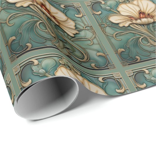 Mooie Art Deco bloem in groen wit en goud Cadeaupapier (Rol Hoek)
