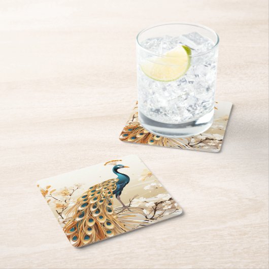 Mooie Art Deco Gouden Turkoois Pauw Witte Bloemen Kartonnen Onderzetters (Insitu)