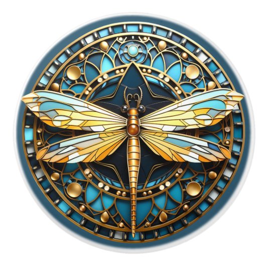 Mooie, Art Deco Libel Goud Turquoise Keramische Knop (Voorkant)