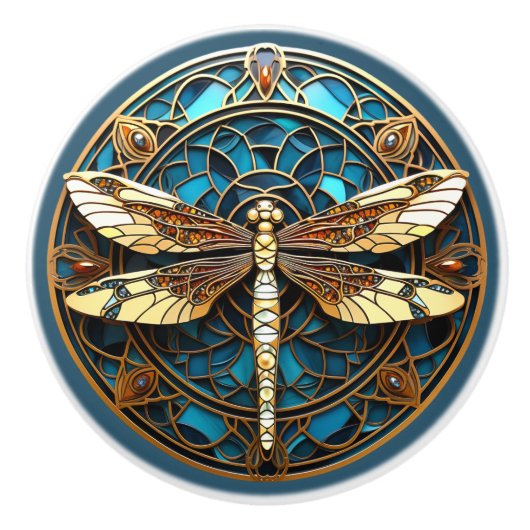 Mooie Art Deco Libelle Edelstenen Turquoise Goud   Keramische Knop (Voorkant)