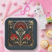 Mooie Art Deco Rood Goud Blauwgroen Papieren Bordje (Feest)