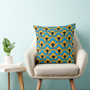 Mooie Art Deco stijl kussen in blauw en geel.