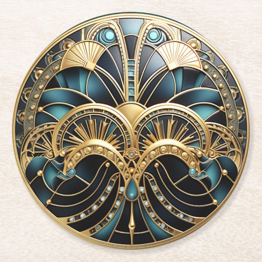 Mooie Art Deco Turquoise Goud Zwart Elegant Ronde Kartonnen Onderzetter (Voorkant)