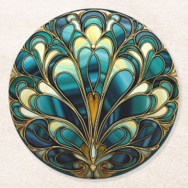Mooie Art Deco Turquoise Pauwveren Ronde Kartonnen Onderzetter