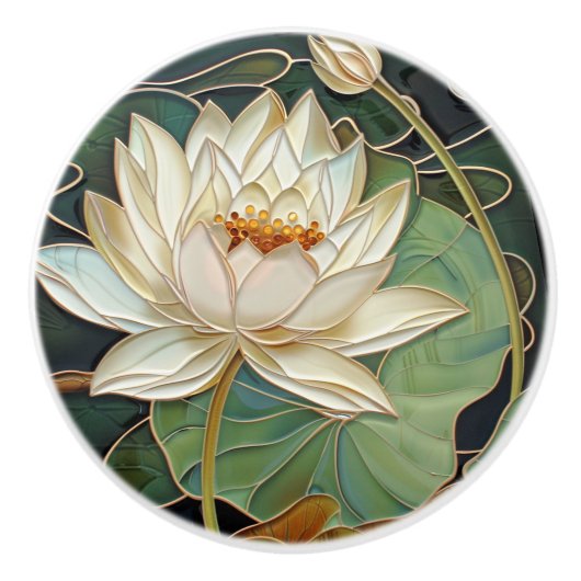Mooie Art Deco Witte Waterlelie Lotus Bloem Keramische Knop (Voorkant)