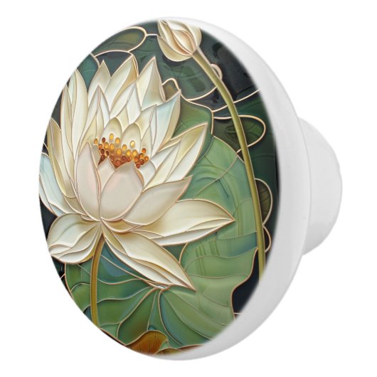 Mooie Art Deco Witte Waterlelie Lotus Bloem Keramische Knop (Rechts)