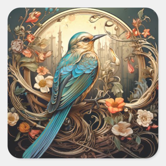 Mooie Art Nouveau Vogel Vierkante Sticker (Voorkant)