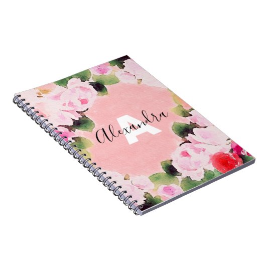 Mooie, artistieke Waterverf roze rozen met naam Notitieboek (Rechterzijde)