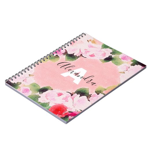 Mooie, artistieke Waterverf roze rozen met naam Notitieboek (Linkerzijde)