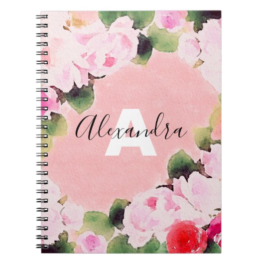 Mooie, artistieke Waterverf roze rozen met naam Notitieboek (Voorkant)
