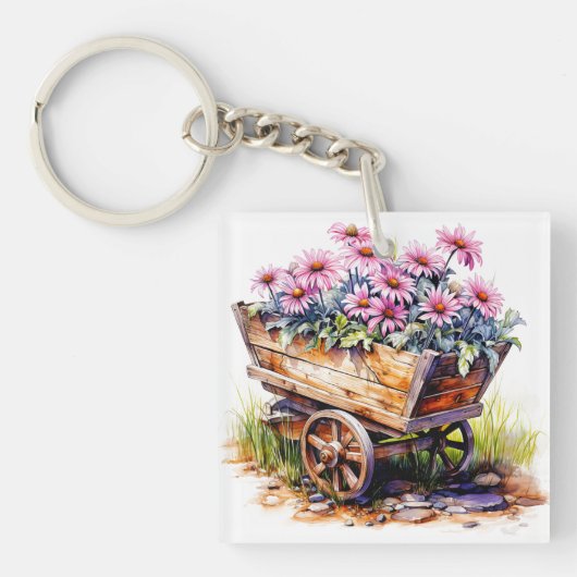 Mooie Aster bloemen in een wiel vat Sleutelhanger (Voorkant)