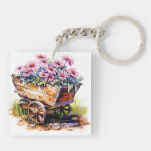 Mooie Aster bloemen in een wiel vat Sleutelhanger (Achterkant)