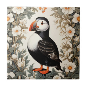 Mooie Atlantische Papegaaiduiker Witte Bloemen Tegeltje