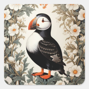 Mooie Atlantische Papegaaiduiker Witte Bloemen Vierkante Sticker