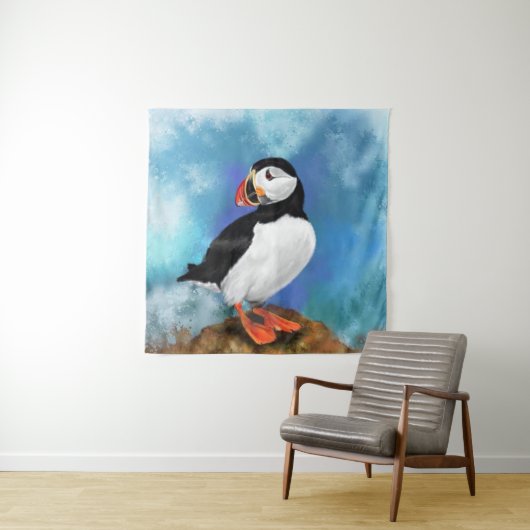 Mooie Atlantische puffin-vogelschilderende tapijte Wandkleed (In situ)