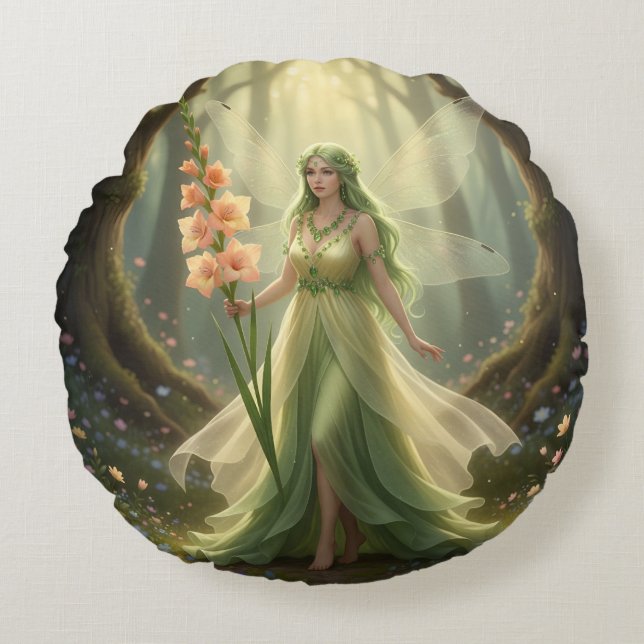 Mooie August Peridot Fairy Rond Kussen (Voorkant)